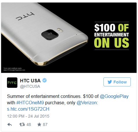 Verizon and HTC Offering $100 in Play Store Credit When Purchasing  HTC One M9!